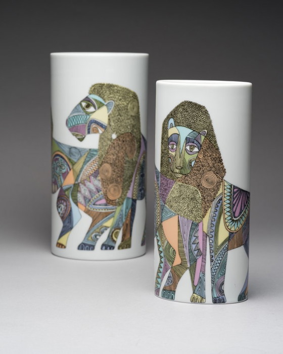 Image 1 of Rosenthal Studio-Line “Lions” Designer Vase Duo Cuno Fischer & Bjørn Wiinblad
