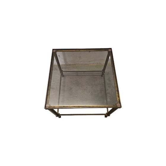 Image 1 of Table d'appoint vintage française en laiton avec verre fumé, années 1950