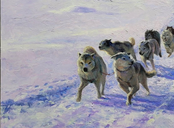 Image 1 of Pintura al óleo original: Paisaje nórdico con perros de trineo en las montañas.
