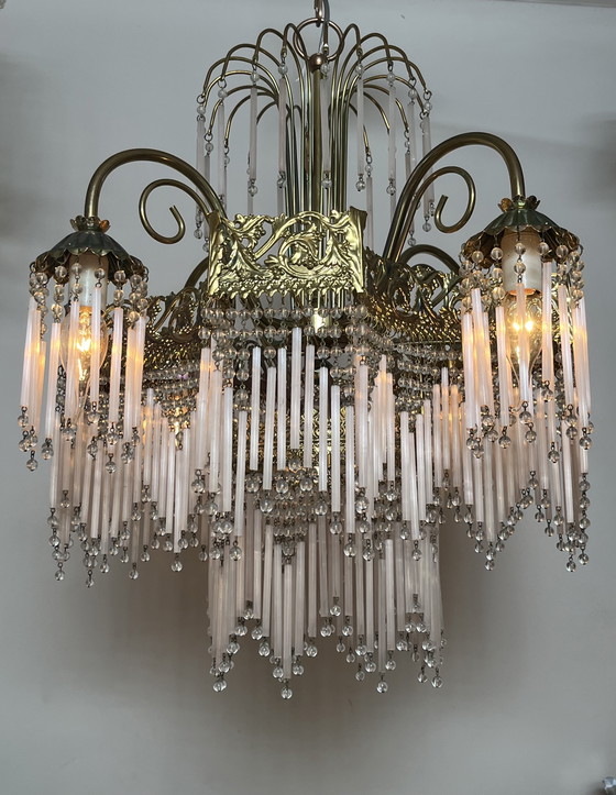 Image 1 of Vintage xl pink opaline rod chandelier pendant lamp art deco style
