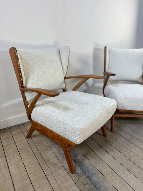 Image 1 of Sillones (par) de madera y tela bouclé, década de 1950.