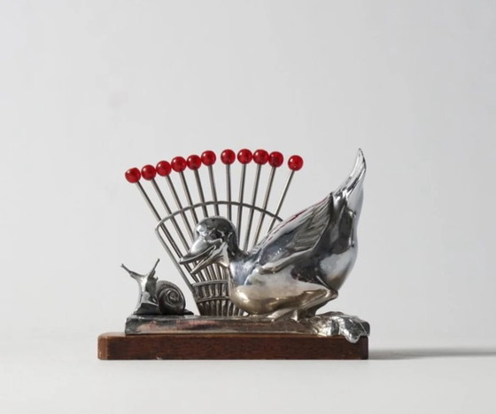 Original Benjamin Rabier Art Deco Chrome on Wood Plaque Cocktail / Punch Pick Set from the 1930s. (photo 7 of 10)