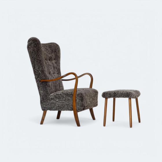 Image 1 of 1960s Reupholstered Danish Armchair with Stool, Genuine Sheepskin