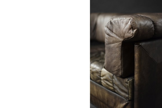 Image 1 of Vintage Mid-Century Modern German Brutalist 2-Seater Brown Leather Bed Sofa, 1970s