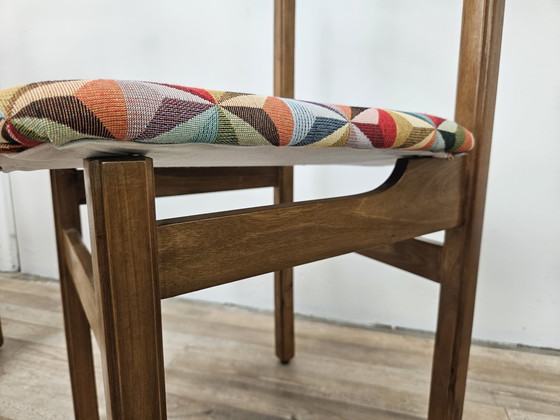 Image 1 of Beuken eetkamerstoelen met geometrische zitting uit 1950