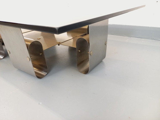 Image 1 of Large rectangular coffee table by François Monnet, vintage Space Age style, in steel and smoked glass from the 1970s