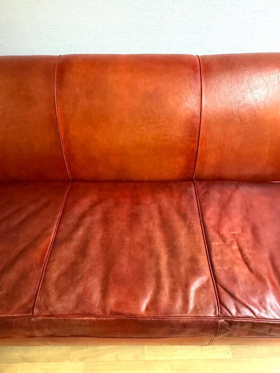Image 1 of Brocantique Jacques Adnet Art Deco Set: Leren bank, fauteuil en poef