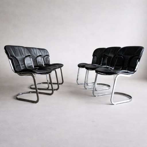 Willy Rizzo for Cidue - set van 6 Italiaanse vintage stoelen in zwart leer