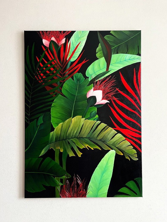 Image 1 of Acrylverfschilderij voor binnen met tropische bladeren