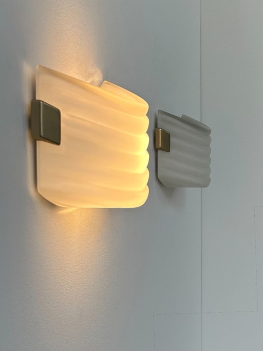 Pair of vintage wall lights, opaline glass and brass, France 1970