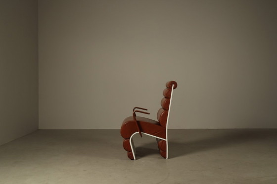 Pair of sculptural cognac leather armchairs, 1970s – Metal (photo 5 of 15)