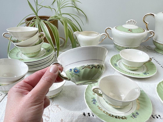 Image 1 of Vintage White Green Gold Salins Porcelain Tea/Coffee Set Made In France