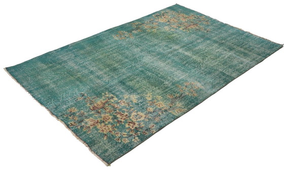 Vintage Turkish Overdyed Rug 261x162 Cm – Teal Handknotted Wool Carpet With Distressed Floral Design (photo 10 of 12)