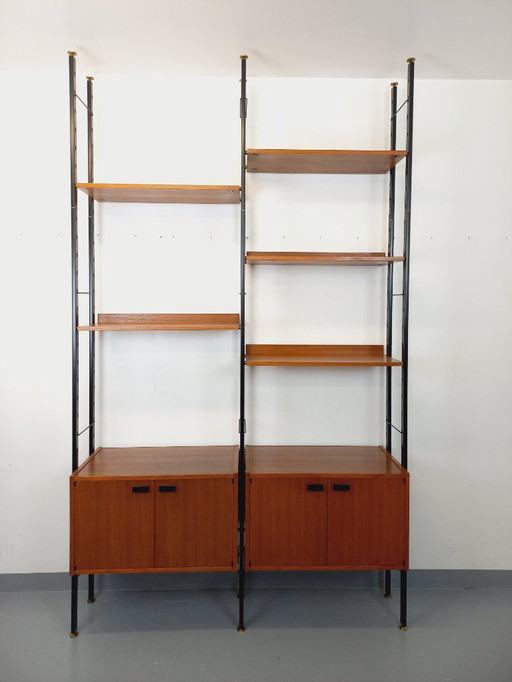Vintage Italian double modular shelf bookcase in teak and metal from the 60s