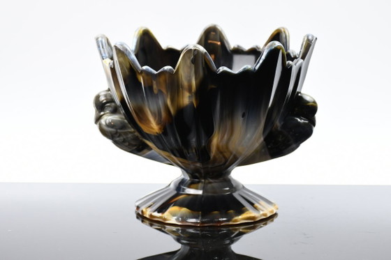 STS Abel / Hrastnik, Agate glass bowl with doves, Yugoslavia, 1930s design, Black (photo 4 of 9)