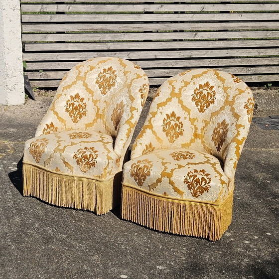 Image 1 of Set of 2 French Vintage Crapaud Seater-golden beige Cocktail Chairs-Lounge Seats-Boudoir Seater-50s