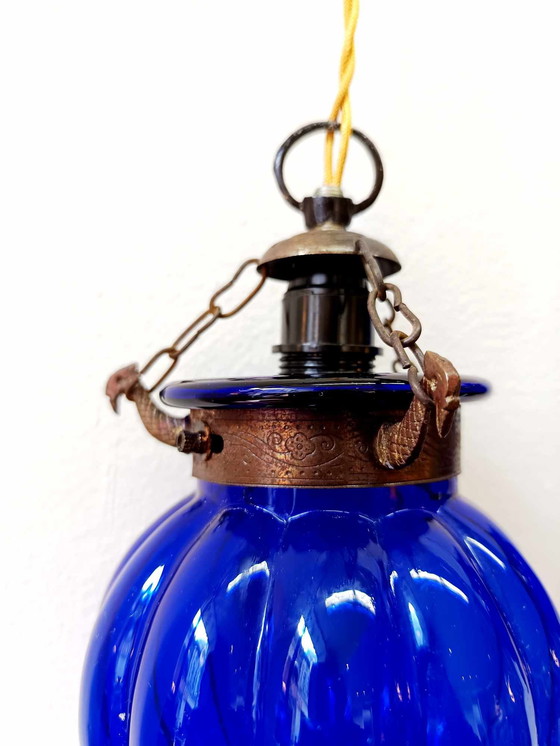 Image 1 of 2x Lampes Photophores en Verre Bleu Inde