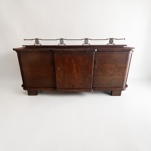 Seltenes Art Déco Sideboard der 30er Jahre – Mahagoni mit architektonischer Messingkrone & ausziehbarer Marmorplatte mit Label