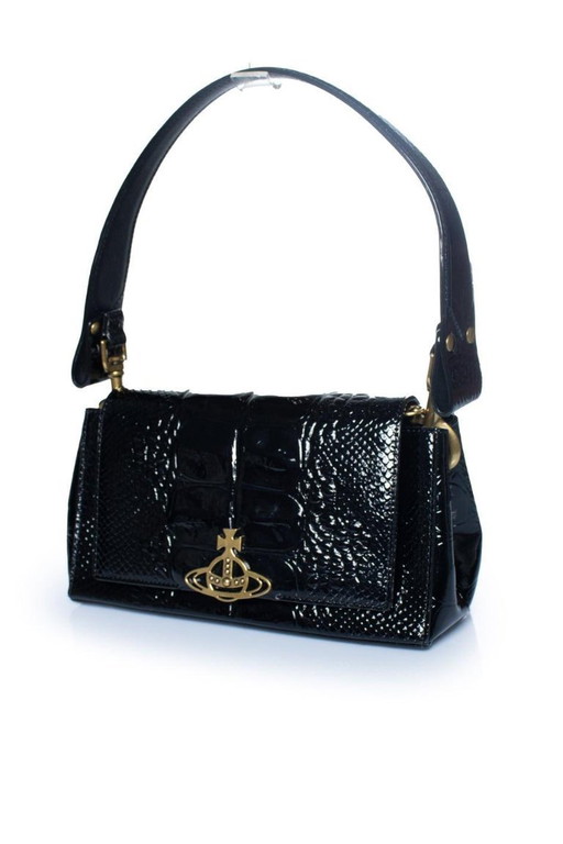 Borsa Vivienne Westwood in pelle nera con stampa coccodrillo color nocciola