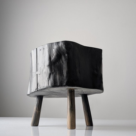 Image 1 of Black Ebonized Wabi-Sabi Wood Stool with Butterfly Joints
