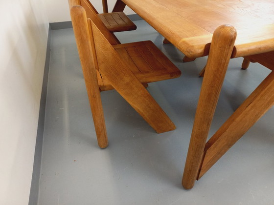 Image 1 of Exceptional suite of a large rectangular table and 4 vintage Brutalist chairs in solid oak from the 60s