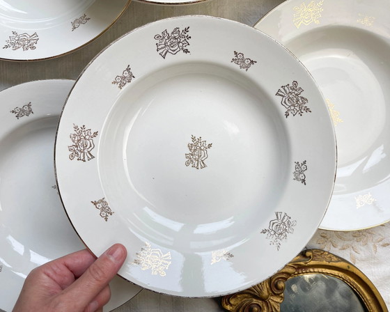 6 Vintage Digoin & Sarreguemines France 1950 Porseleinen Diepe Borden met Kleine Gouden Bloemen – Servies (photo 6 of 14)