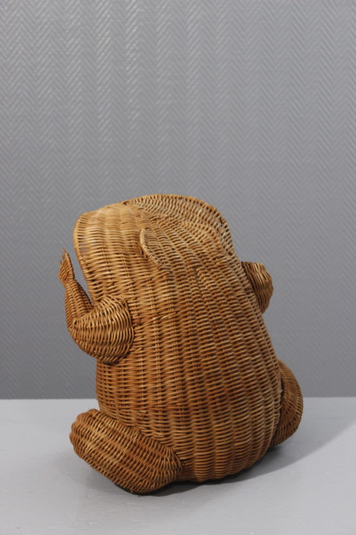 Rattan wastepaper basket frog vintage design Olivier Cajan 1970s