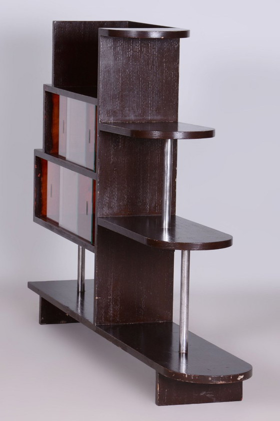 Restored Artdeco Étagère, Oak, Glass, Chromed Steel, Czech, 1930s – Display cabinets, Wood (photo 7 of 8)