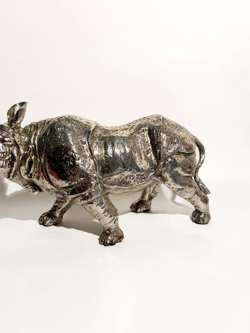 80s Silver-plated Metal Rhinoceros Sculpture – beeldhouwkunst (photo 2 of 12)