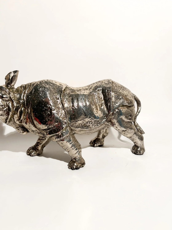 80s Silver-plated Metal Rhinoceros Sculpture (photo 2 of 12)