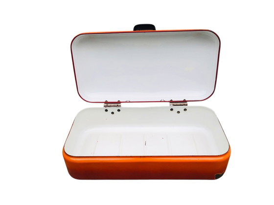 Image 1 of Oranje vintage emaille broodtrommel | metalen midcentury brooddoos