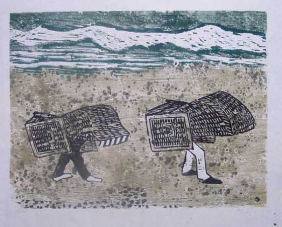 Image 1 of Teuber, Hermann - Sans titre (Chaises de plage) - Linogravure en couleurs - Signée à la main