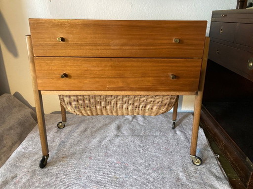 Chariot de couture vintage - table de couture - meuble de couture - plaqué teck - sur roulettes