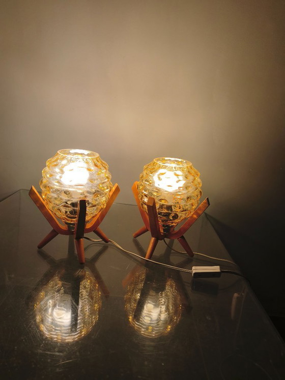 Image 1 of Pair Czech 1970s Wood and Yellow Glass Mid Century Table Lamps