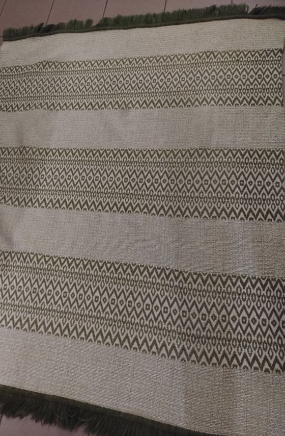 Vintage Woven Tablecloth Olive Green/Beige With Fringes – Decorative Objects, Textile (photo 3 of 5)