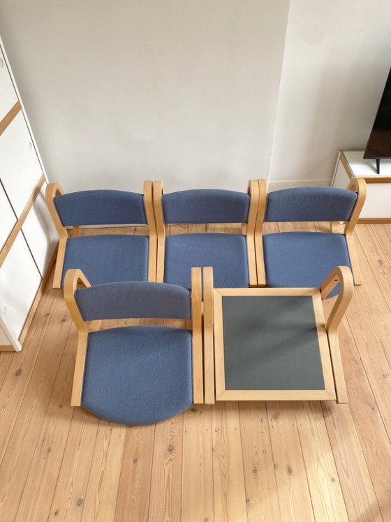 Vintage 4 Danish Wall Chairs + 1 Table Magnus Olesen – Chairs and lounge chairs, Textile, Wood (photo 10 of 14)
