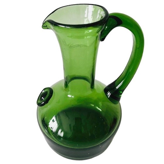 Image 1 of Vintage mid-century French hand-blown seal-shaped green glass jug, 1970s