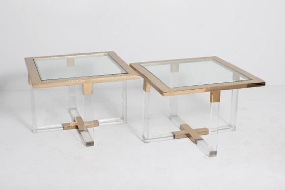 Architecturale set van 2 vintage lucite, messing & glas bijzettafels, jaren '70 (photo 9 of 9)