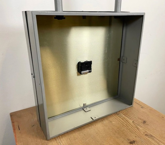 Image 1 of Large Square Industrial Double-Sided Factory Clock from Pragotron, 1960s