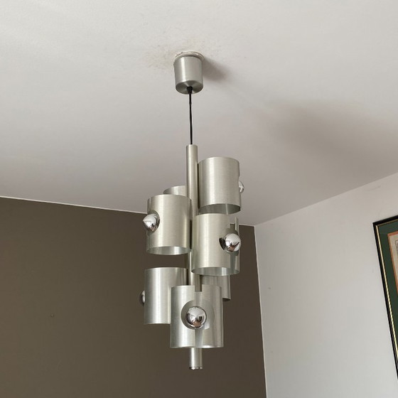 Lampada a sospensione Polam Bielsko. 1970. Era spaziale. Acciaio inossidabile spazzolato. (photo 3 of 6)