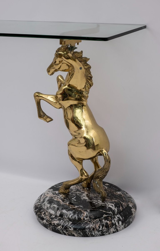 Image 1 of Tavolo da console italiano di metà secolo moderno con cavalli in ottone e basi in marmo, anni '70