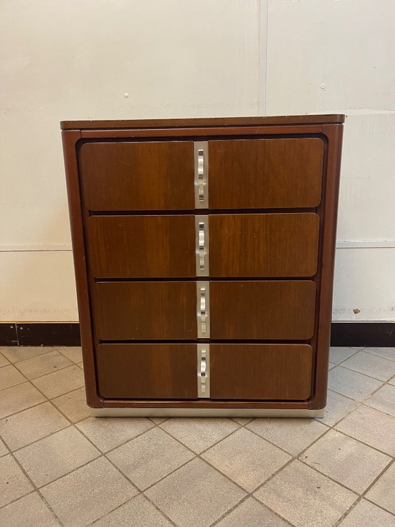 Cassettiera vintage di design italiano, anni '80, Cassettiere, Legno, Alluminio, Marrone (foto 2 di 6)