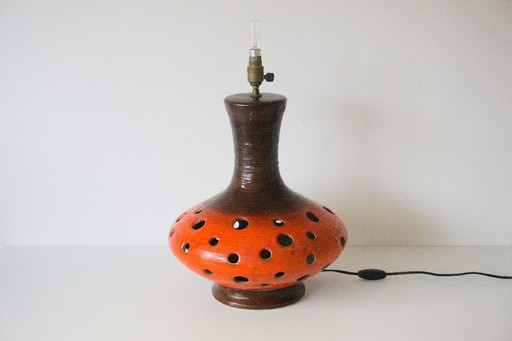 Vintage Mid-Century French Orange Glazed Perforated Ceramic Lamp — Possible Vallauris, Rewired, Bayonet Fitting