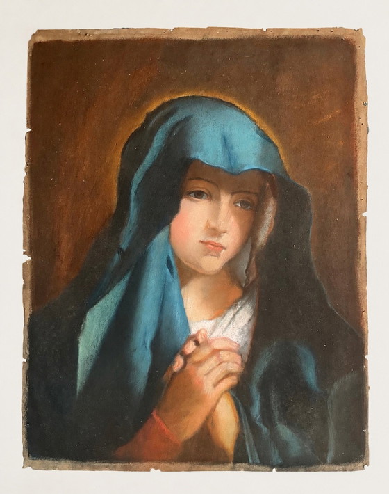 19th Century Virgin Mary Pastel, Blue Veil Madonna After Sassoferrato, Paintings & Drawings, Paper, Glass (photo 2 of 8)