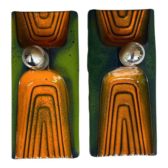 Image 1 of Vintage Set of Ceramic Wall Lamps Light Orange & Green Hustadt Leuchten, Germany 1960
