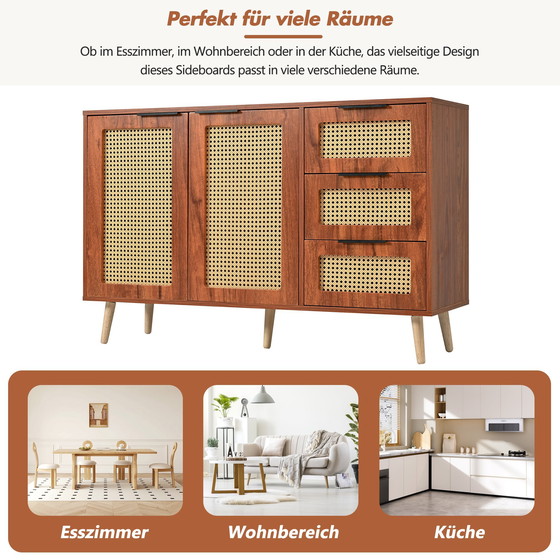 Image 1 of Urban Meuble vintage dressoir van rotan in walnoot houtlook met 2 deuren en 3 lades met zwarte handgrepen 120*38*78cm CRI