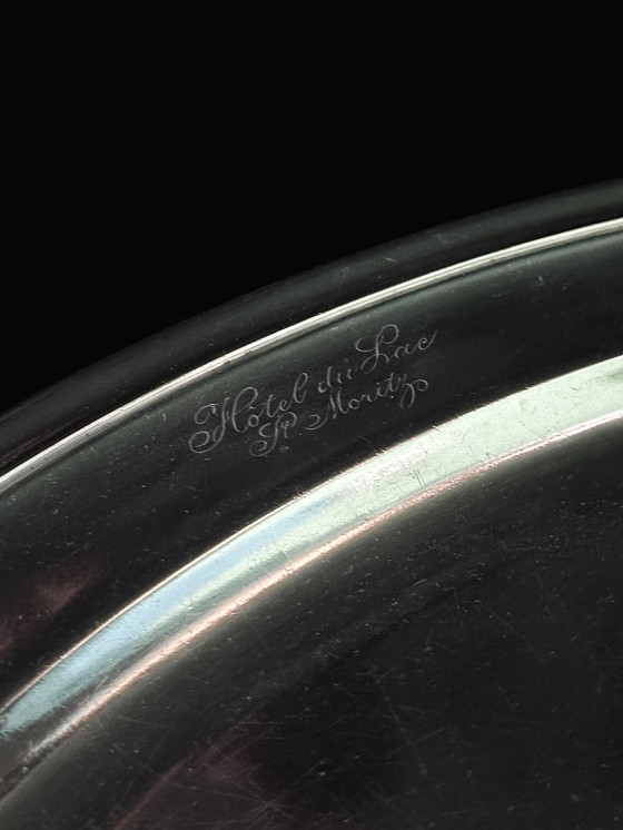 Image 1 of 1930 Christofle verzilverd dienblad Grand Hotel du Lac St. Moritz vintage metalen art deco schaal bord serveren schotel