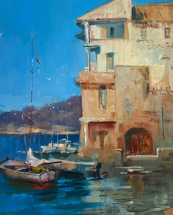Image 1 of Original Oil Painting Coastal City Landscape Waiting for the tide