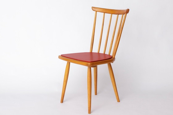 Image 1 of Vintage Beech Dining Chair with Original Red Faux Leather Seat – 1960s/70s Mid-Century German Design