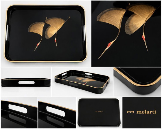 Image 1 of Vintage Melarti lacquer tray with hand-painted golden cranes